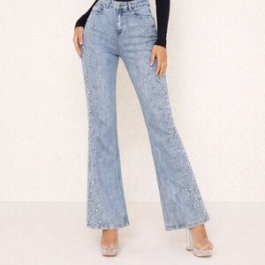 NEW blue b Light Wash Washed Allover Scatter Rhinestone Sligh Flare Denim Jeans